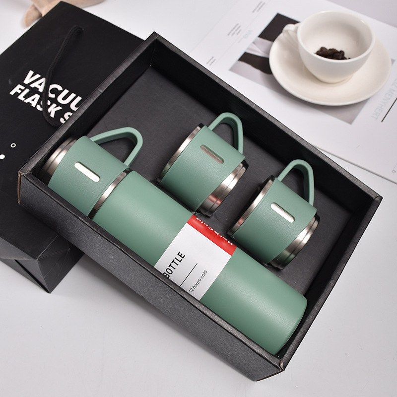 Custom 3 Three Lids Cups Vacuum Insulated Stainless Steel Vacuum Flask with Lid Thermos Water Drinking Vacuum Flask Set Vacuum Flask Gift Set 500ml