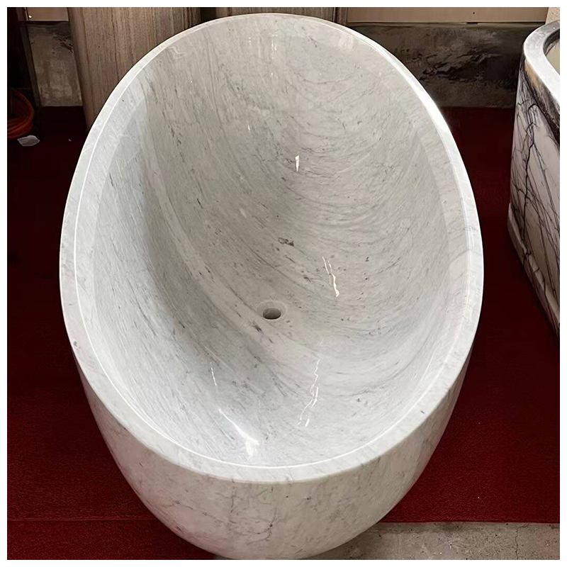 Polished Bianco Carrara White Marble Oval Soaking Bathroom Tub