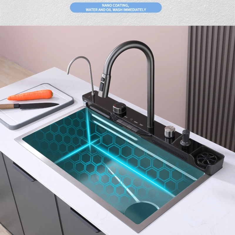 Handmade Multifunctional 201 Stainless Steel Kitchen Sink with Intelligent Waterfall Design