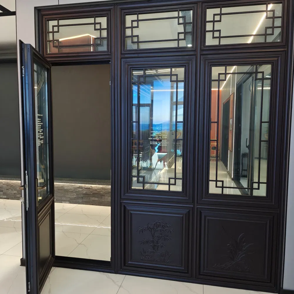 Elegant Chinese Antique Casement Window with Carved Wood Lattice and Aluminum Composite Frame