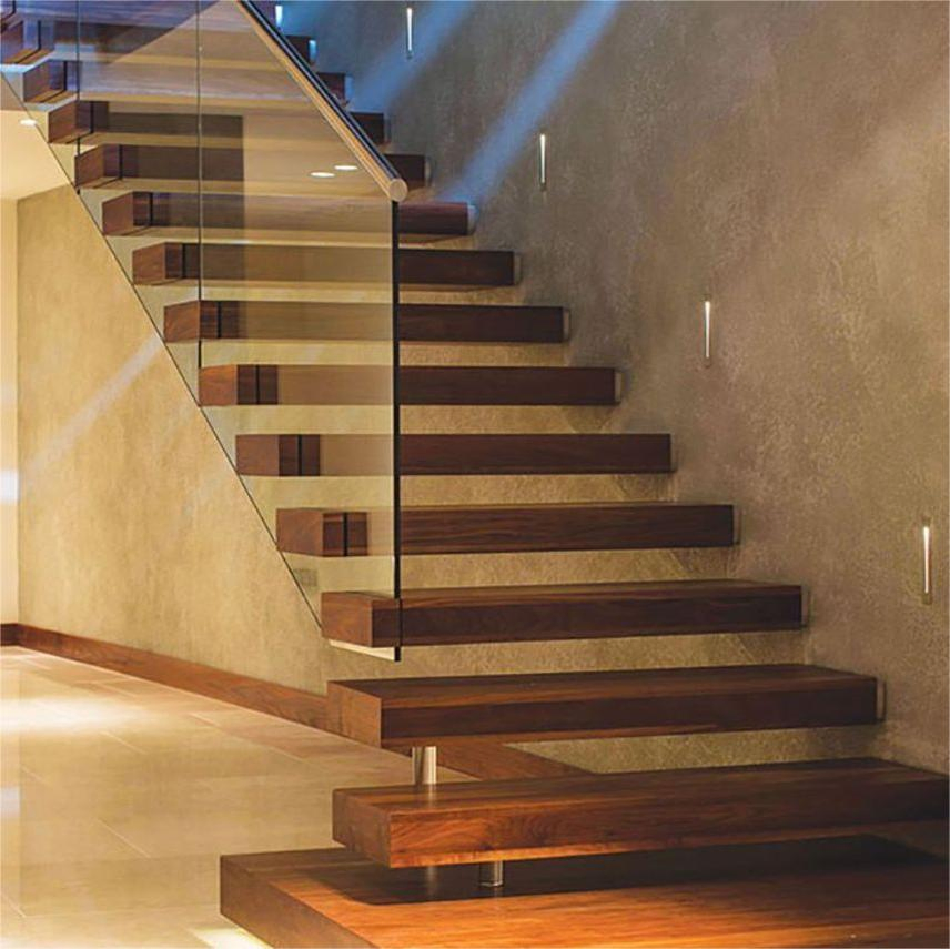 Modern DIY Installation Straight Wooden Floating Staircase with Built-in LED Step Lighting for Luxurious Apartment Interiors