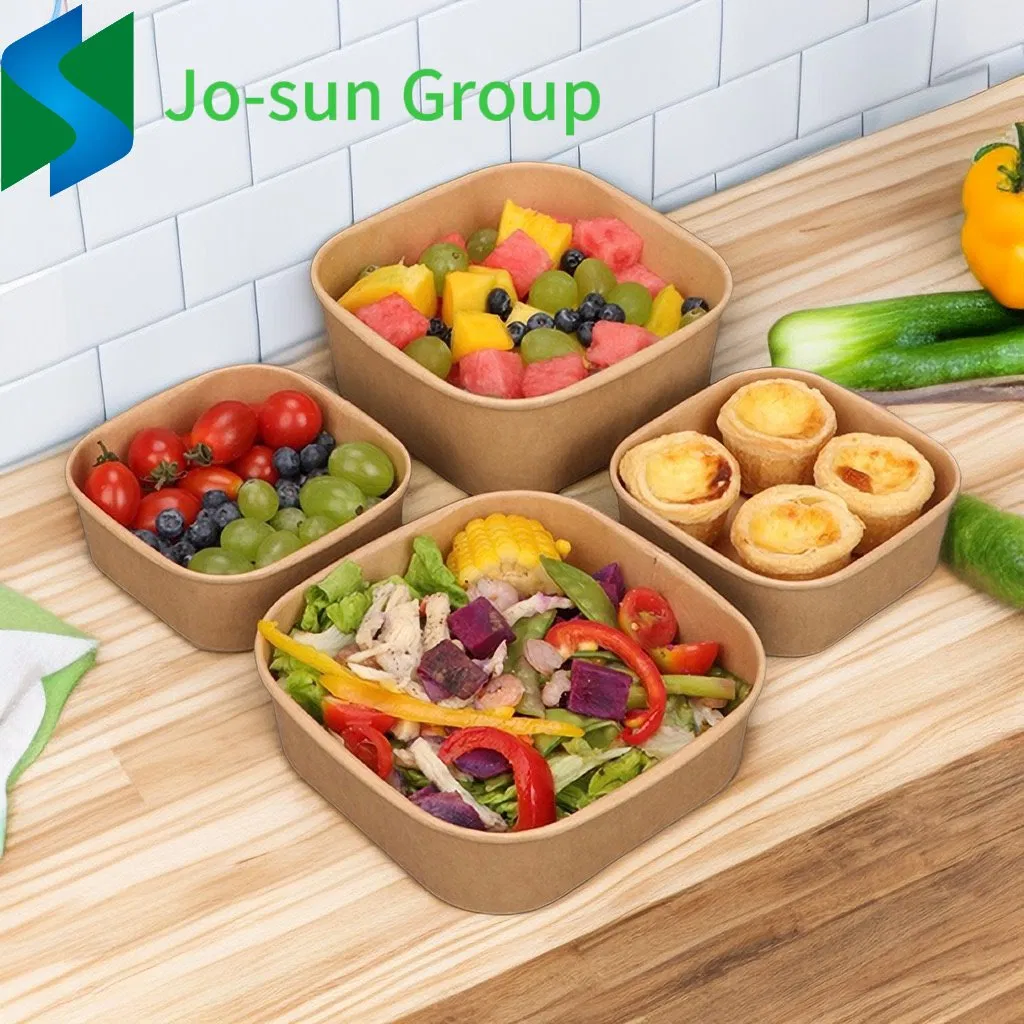 Jo-Sun Hot Sale Food Grade Disposable Takeaway Fast Food Container Kraft Paper Rectangular Bowl with Lid