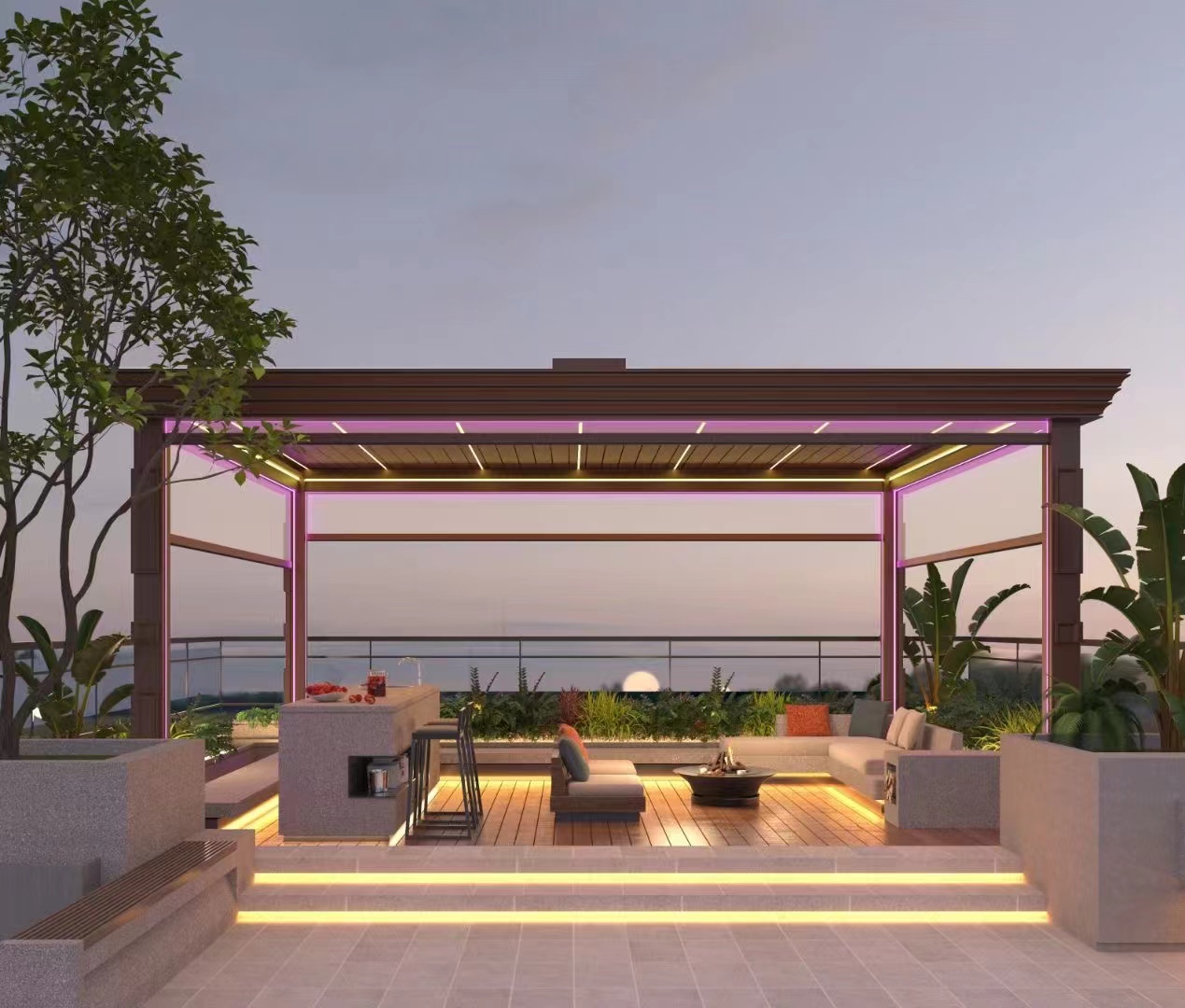 Беседка алюминиевая LED подсветка моторизованные жалюзи