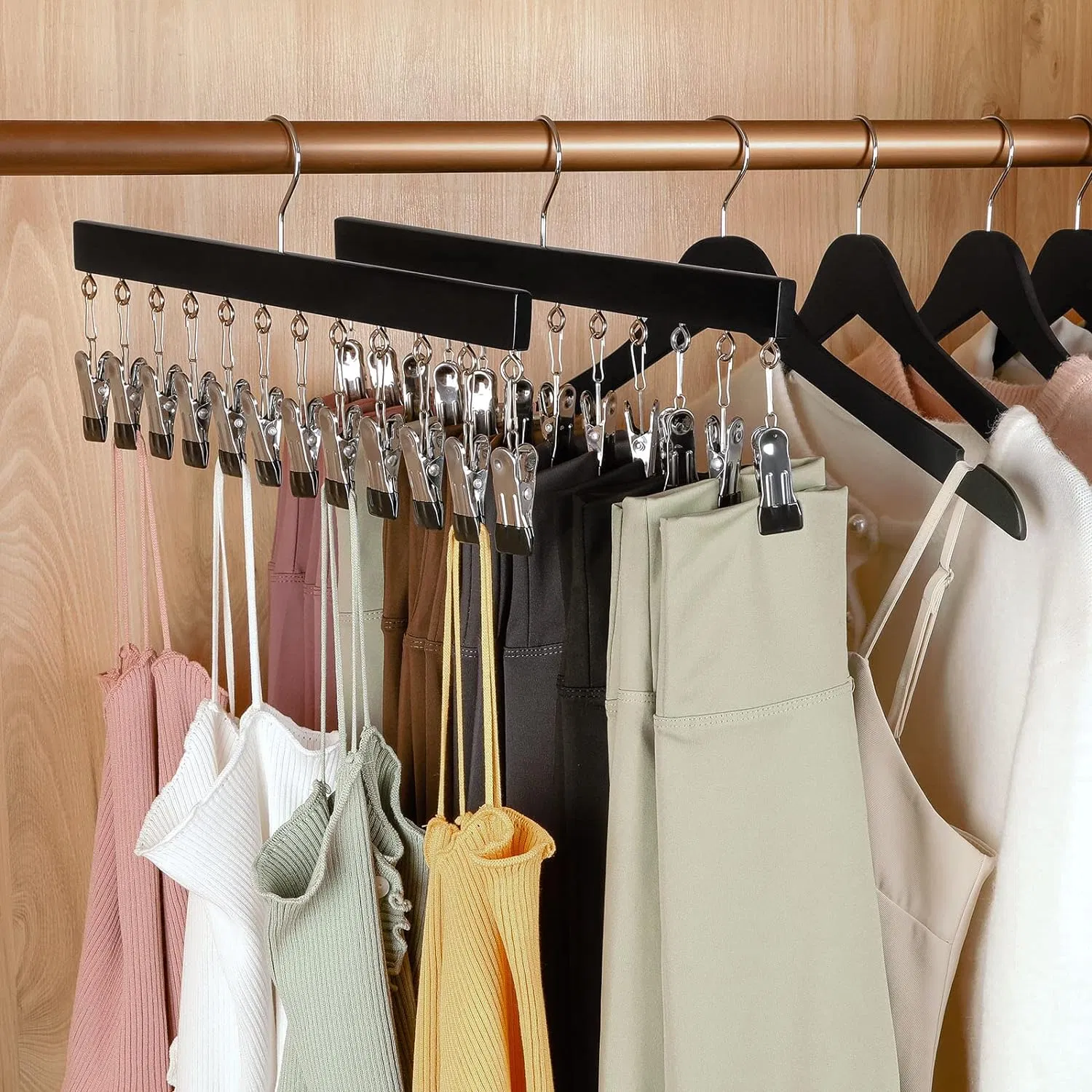 Legging Organizer for Closet Wooden Hangers with 12 Metal Clips