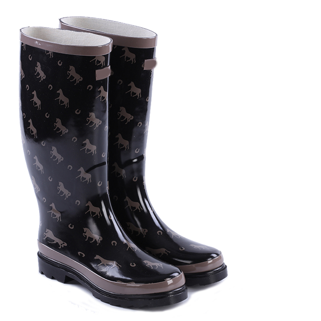 2021 Non-Slip Women′ S Black Shiny Printed Waterproof Rubber Boots