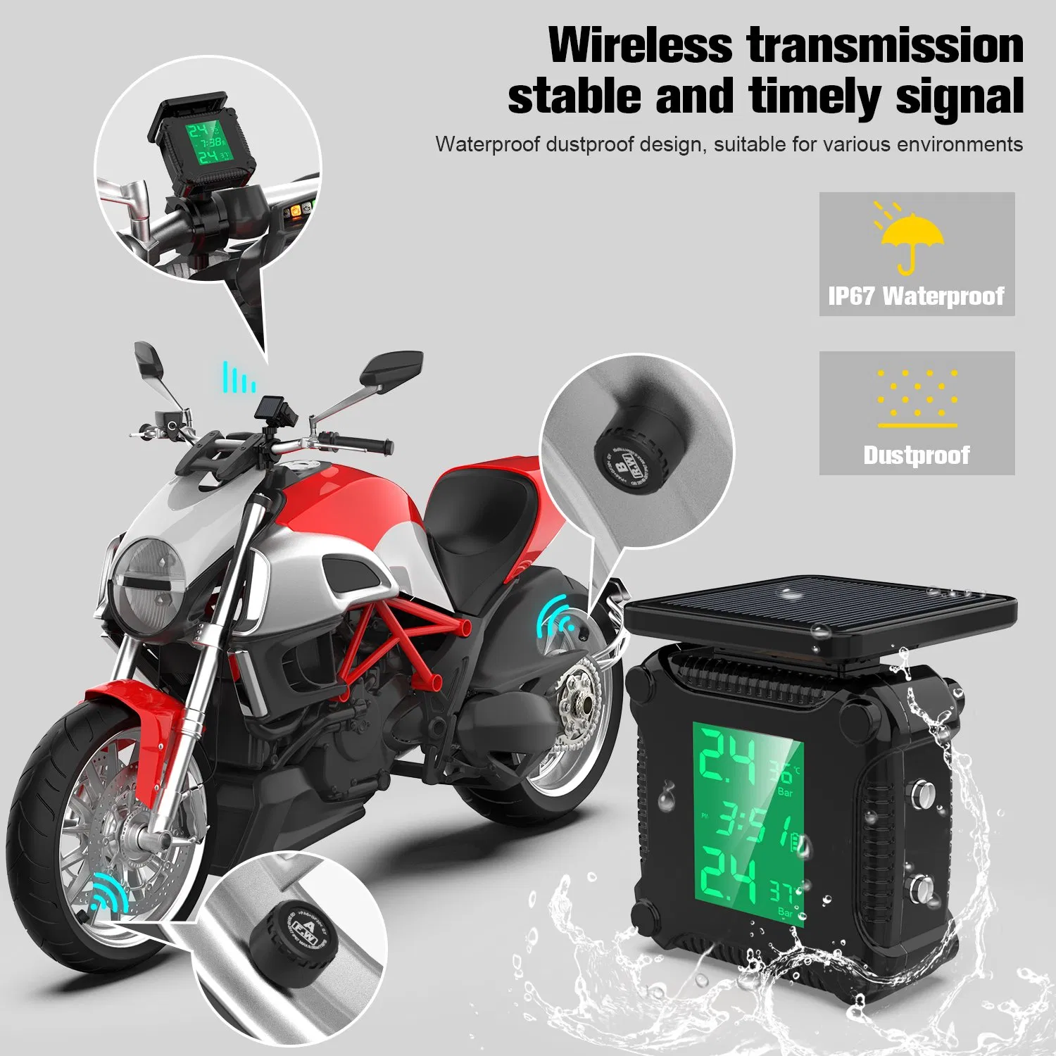 Солнечный TPMS-монитор для мотоцикла с внешними датчиками