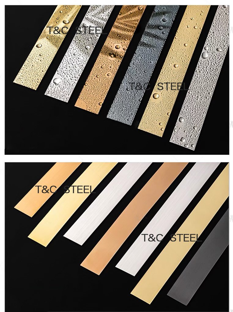 T&C Profiles35 Popular PVD Gold Brushed Flat Metal Stainless Steel Trim Strip Decorative Tile Trim Strip for Interior Decoration