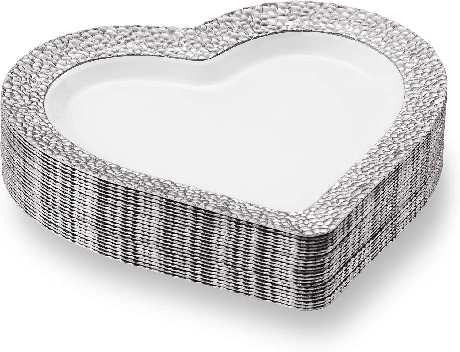 Heart Shaped Premium Plastic Dinner Plates 10 Inch White with Hammered Silver Rim