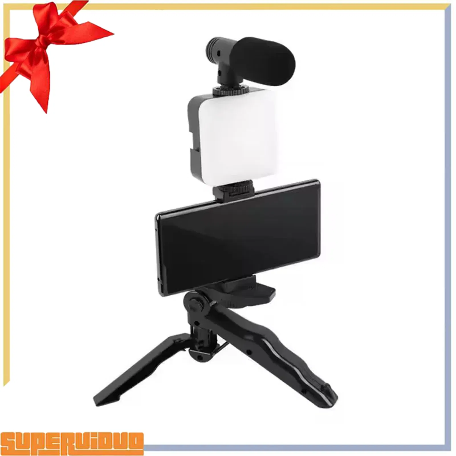 Mini Mobile Tripod Stand Vlogging Kit LED Fill Light Microphone Phone Holder for Live Streaming Video Camera Smartphone Selfie Stick with Remote