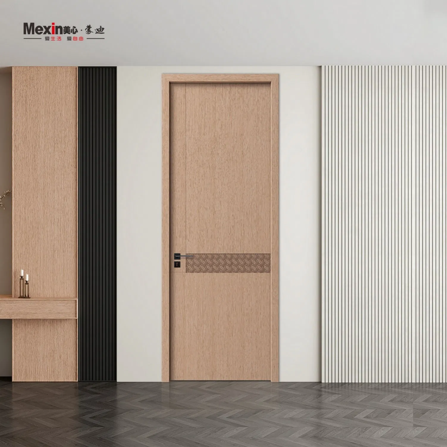 Mexin Wholesale Interior PVC WPC Fire Rated Wood Wooden Exterior Entry Door Black Entrance Security Door Price Modern Minimalist for Modern House Bedroom