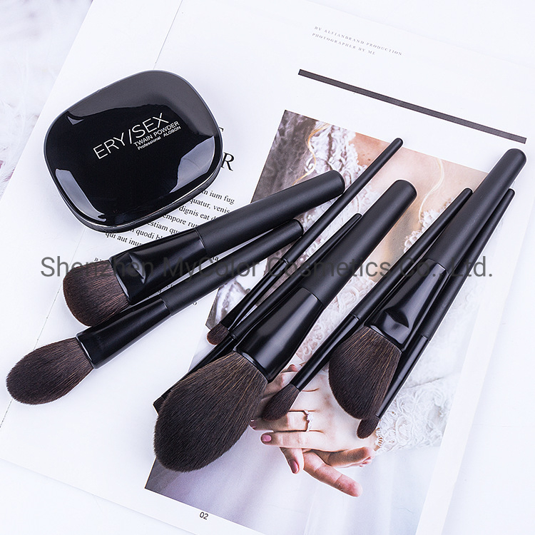 8PCS in One Private Logo Cosmetic Brush Set Black Wood Handle Makeup Brushes with Makeup Pouch