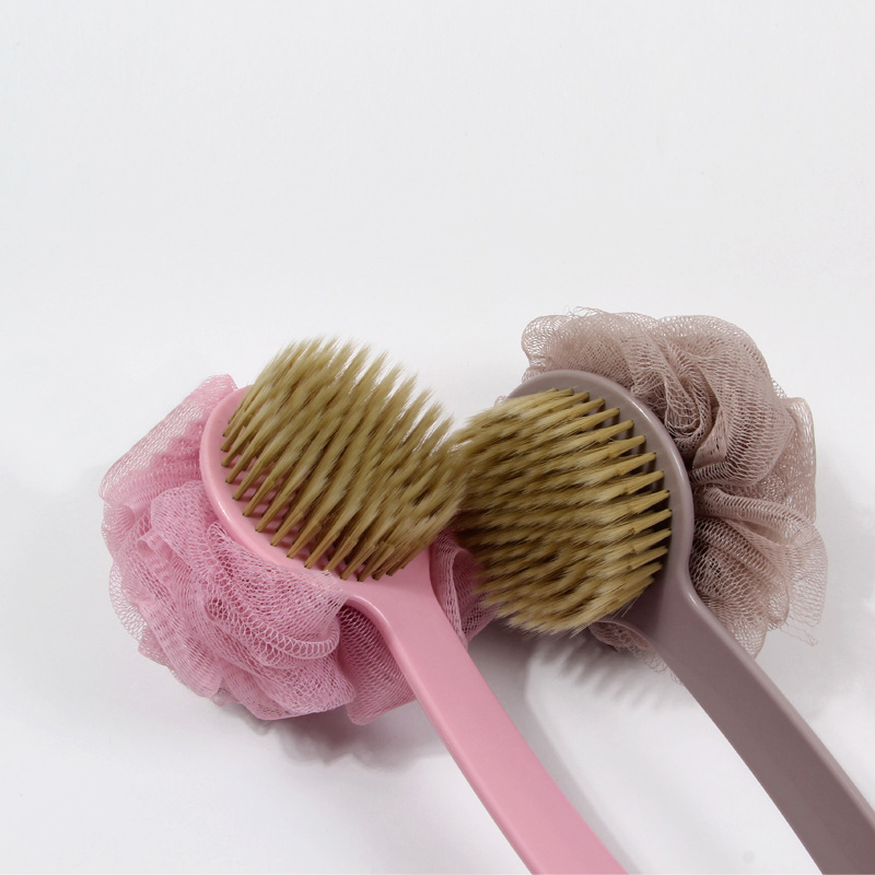 Long Handle Bath Brush with Mesh Sponge Ball Back Bath Brush