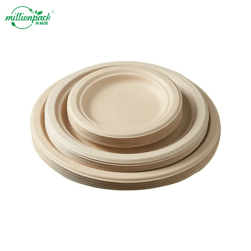 Round 10-Inch Bagasse Plate Sugarcane Container for Buffet Service with Raised Rim