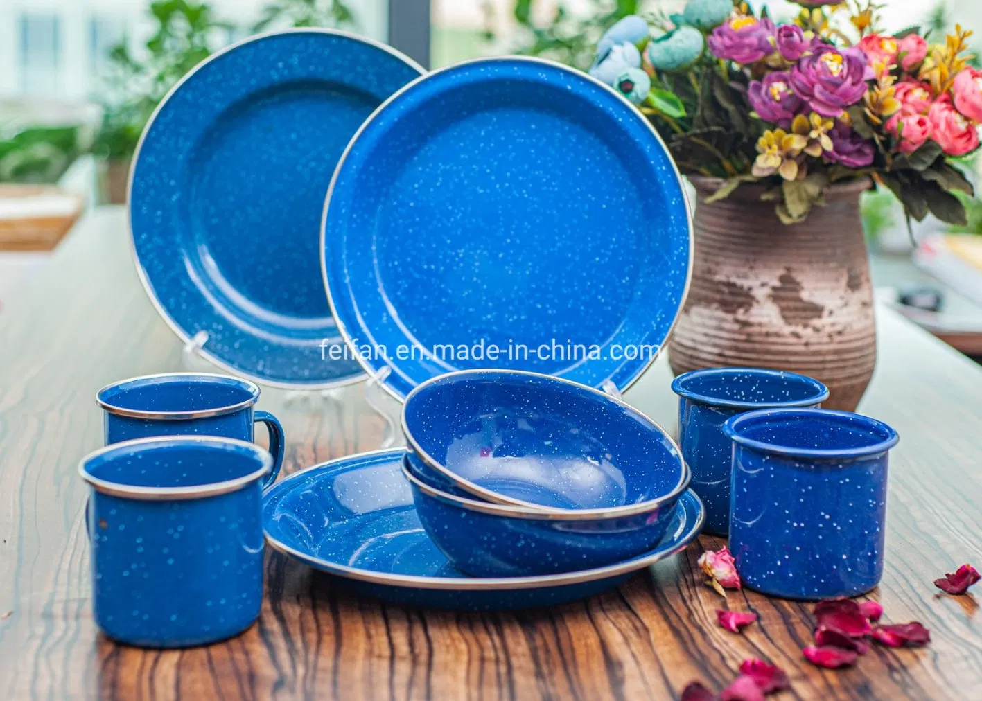 Enamel Camping Set 12PCS Dinnerware with Stainless Steel Rim