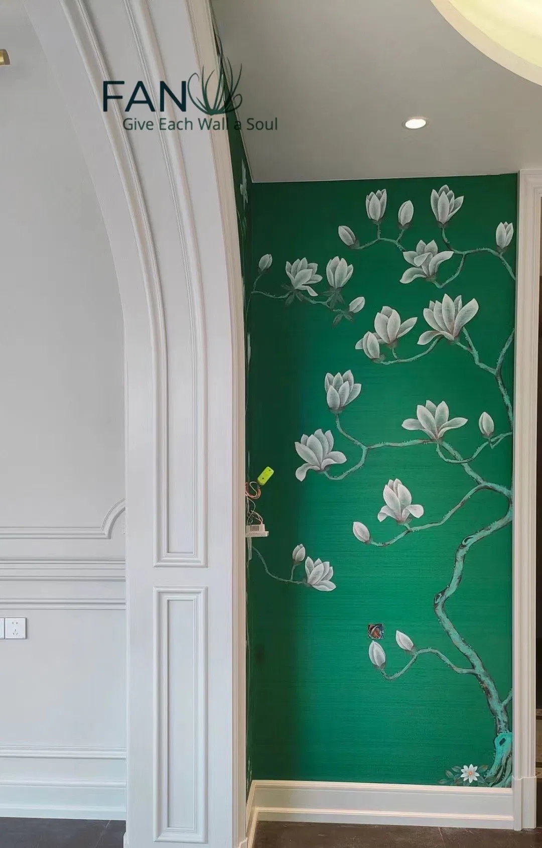 Zhenling Hand-Painted Silk Wallpaper Magnolia Flowers Green Background Wallpaper for Interior Decoration