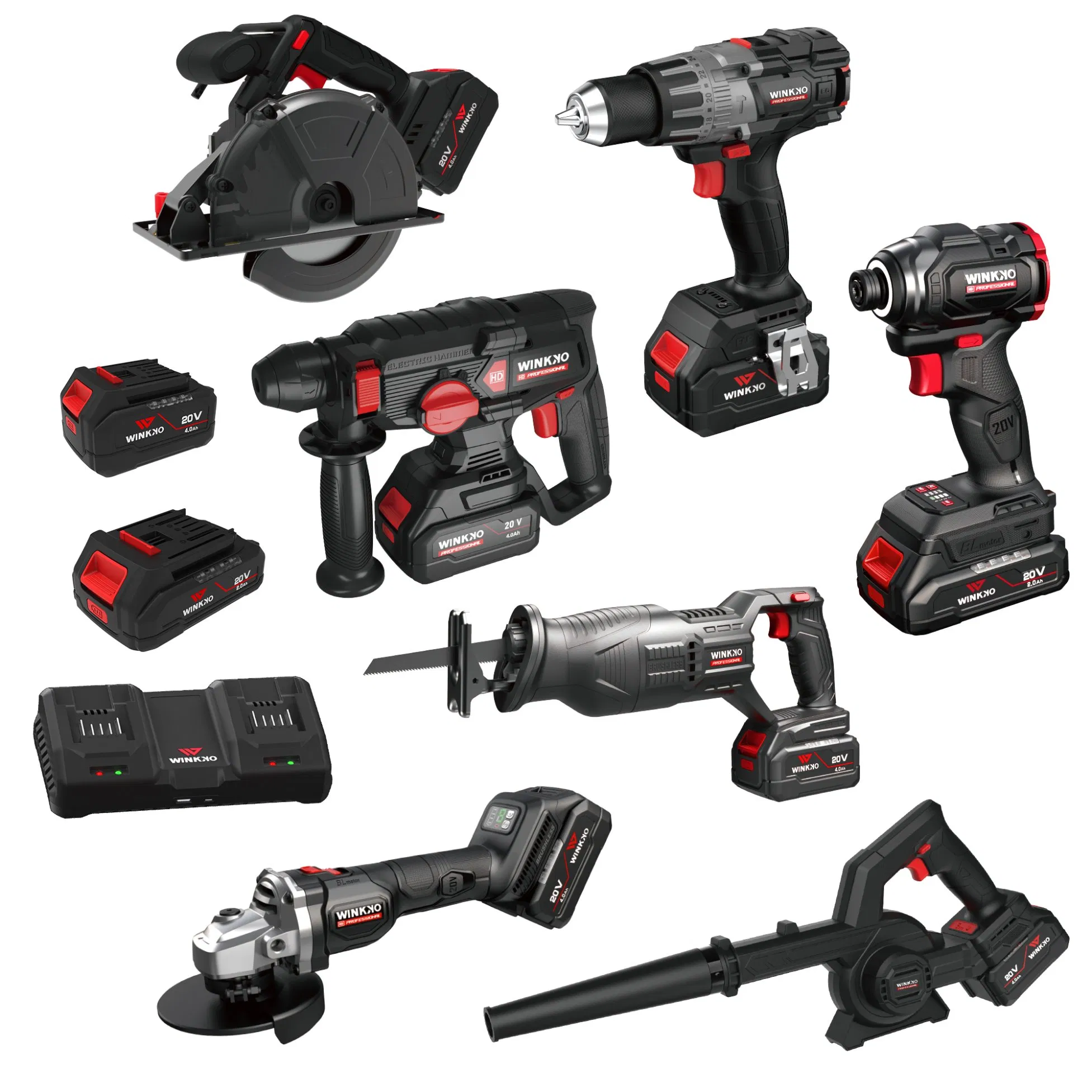 18V Winkko China Power Tools Electric Torque Impact Wrench with Low Price Set Power Tool Battery Drill Impact Wrench Brushless Motor Tool Combo Set