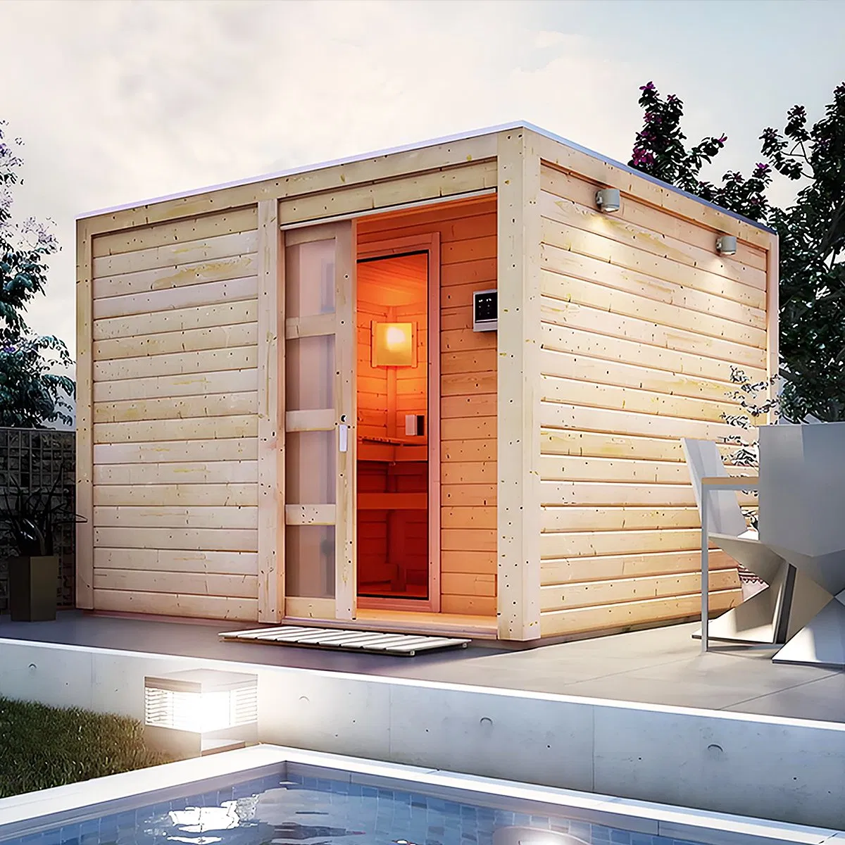 Outdoor Square Sauna Room for 1 Person with Wooden Door Handle