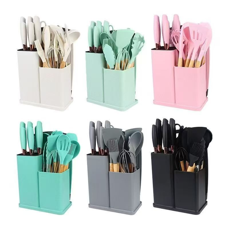 19 PCS Kitchen Utensil Set Silicone Kitchenware Set Cuttings Board Storage with Wooden Handle Bucket Knife Kitchen Tool Heat Resistant Silicone Utensils