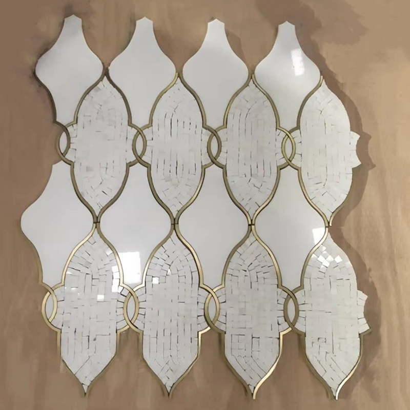 Arabesque Brass Inlay Mosaic Lantern Design White Waterjet Marble Mosaic