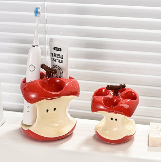 Apple Ceramic Toothbrush Holder, Drainable Toothbrush Base for Bathroom Sink