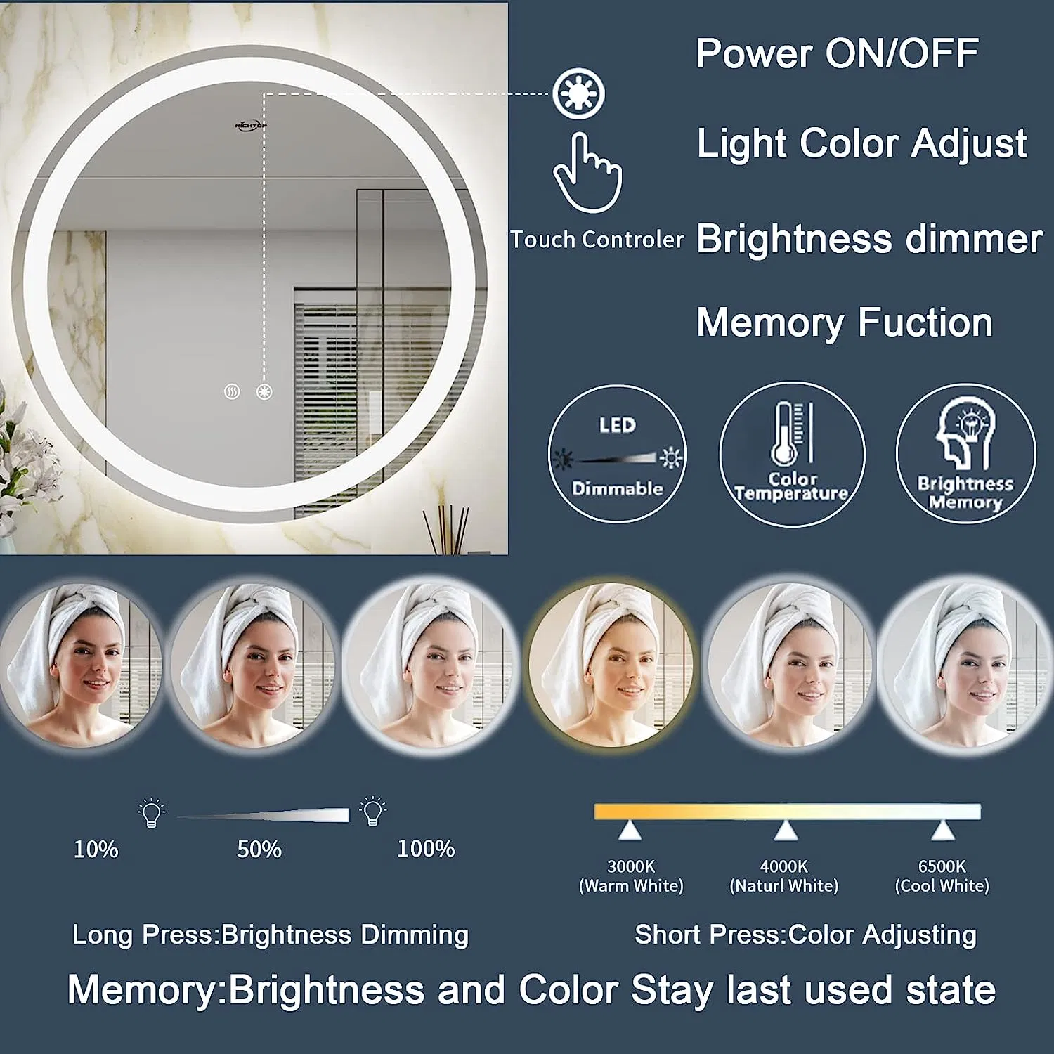 LED Bathroom Mirror with Lights Anti Fog Smart Round Bathroom Vanity Mirror 3 Color Dimmable Lighted Circle Mirror Backlit Light up Mirrors for Bathroom