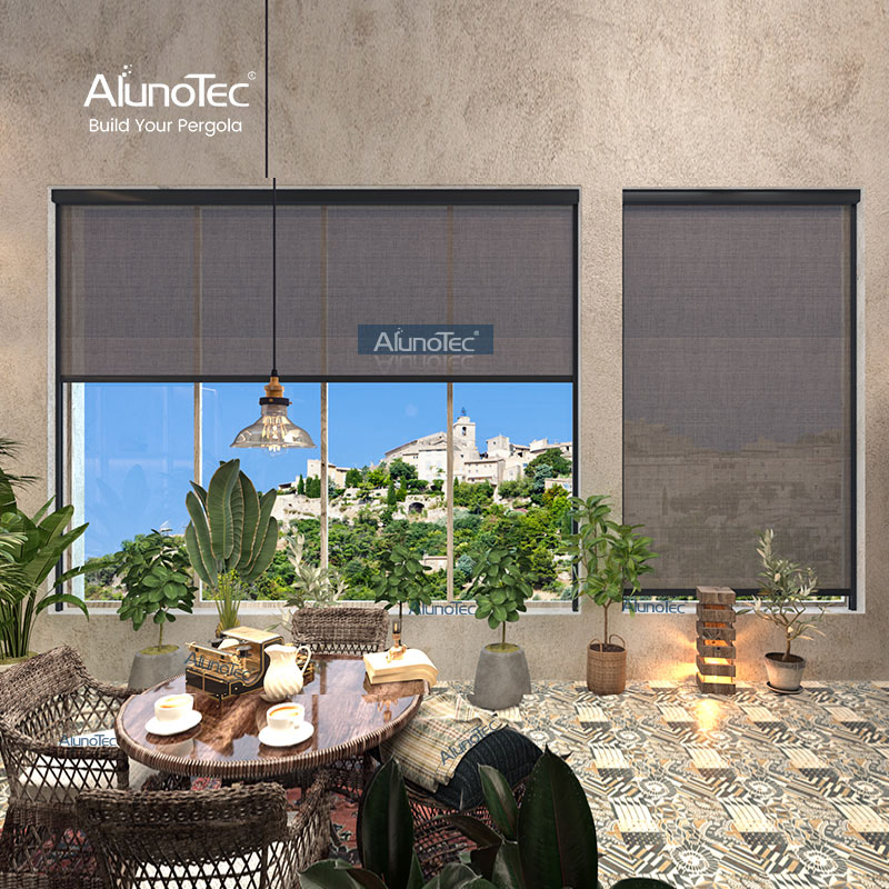 AlunoTec Wholesale Motorized Wedding Tent Curtain Waterproof Outdoor SPA Zipper Window Curtain Zip Screen Blinds Shades Shutters Roller Blind