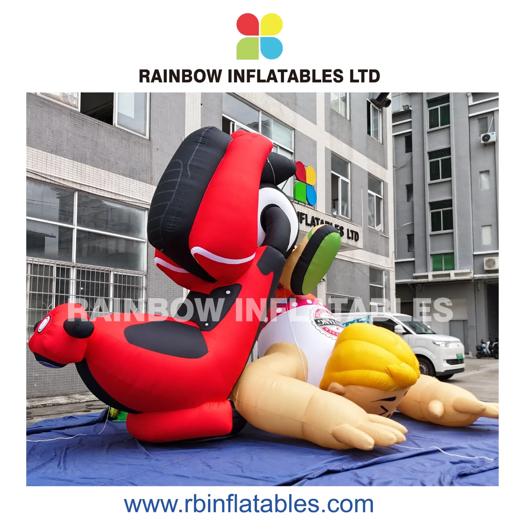 Cartoon-Style Inflatable Scene with Fallen Guy and Dog Character for Event Attraction