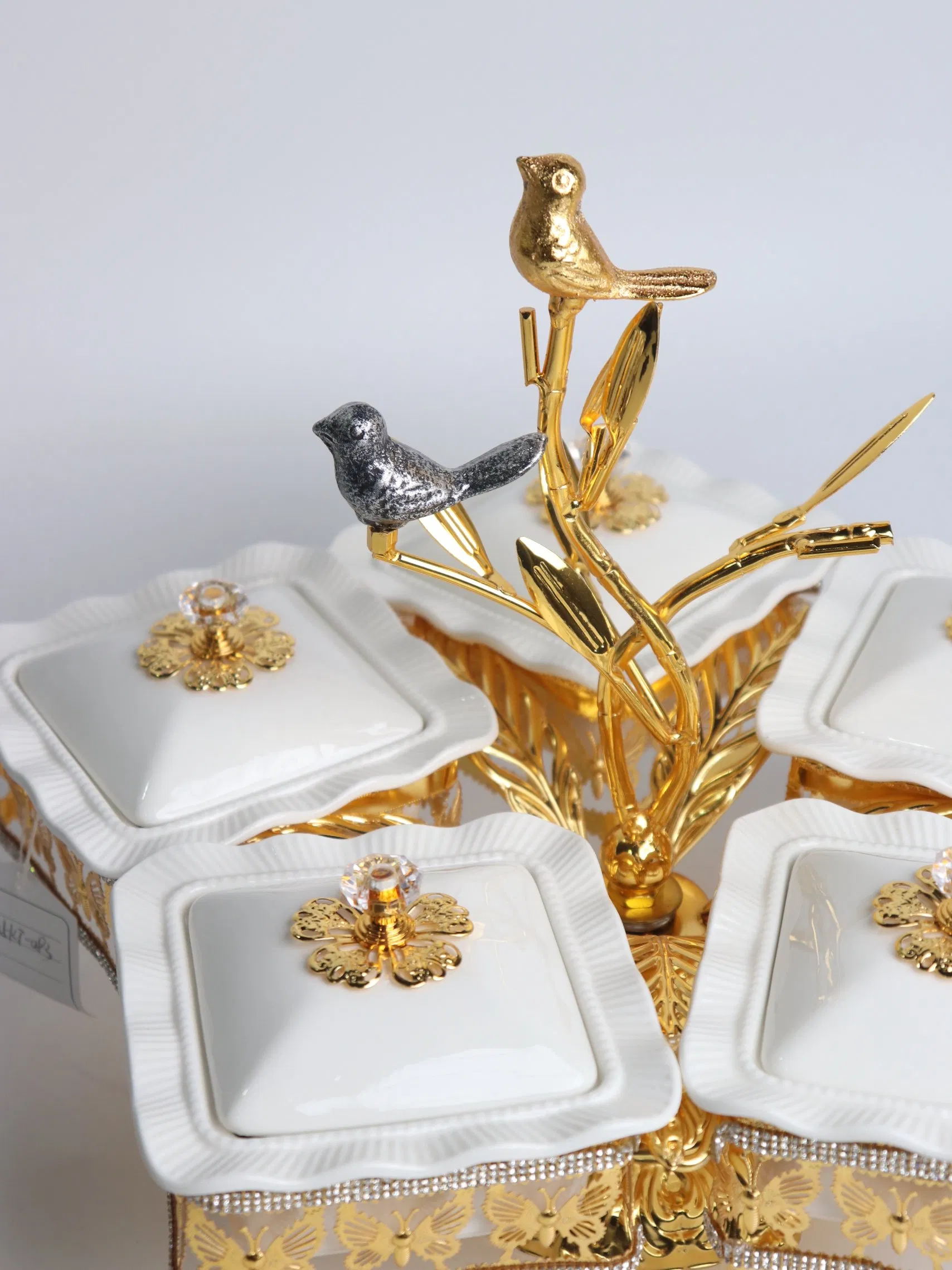Home Ornament Gold-Plated Iron Frame with 5 Square Ceramic Bowl