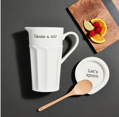 Stylish Ceramic Pitcher and Wood Spoon Rest for Home Use