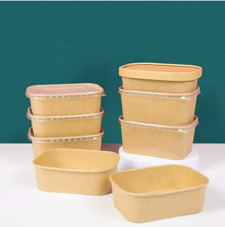 Disposable Food Grade Kraft Rectangle Paper Bowl Salad Paper Bowl with Lid