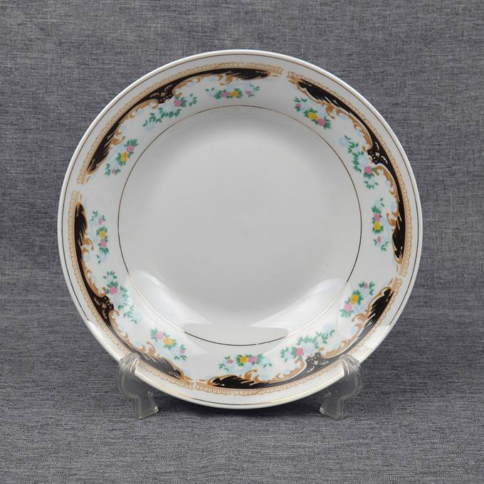 9"Soup Plate with Round Decal with Gold Line Porcelainware Ceramics Tableware