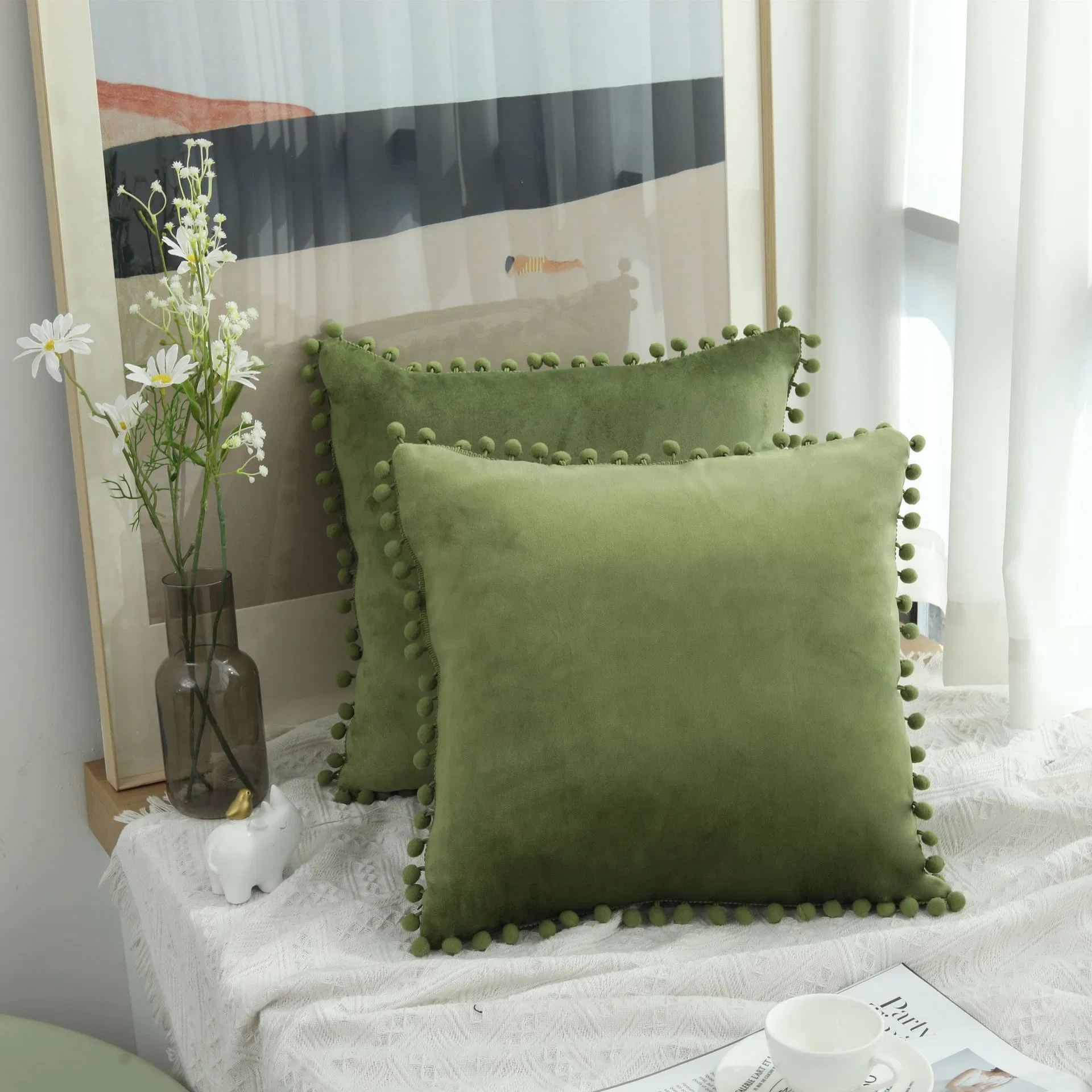 Boho Farmhouse Decorative Square Throw Pillow Covers with POM Poms for Couch