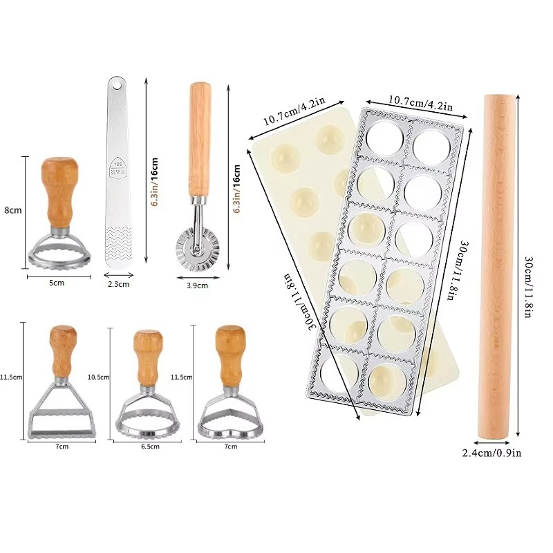 8-Piece Aluminum Alloy and Wood Dumpling Mould Set with 12-Hole Design Italian Pasta Tool