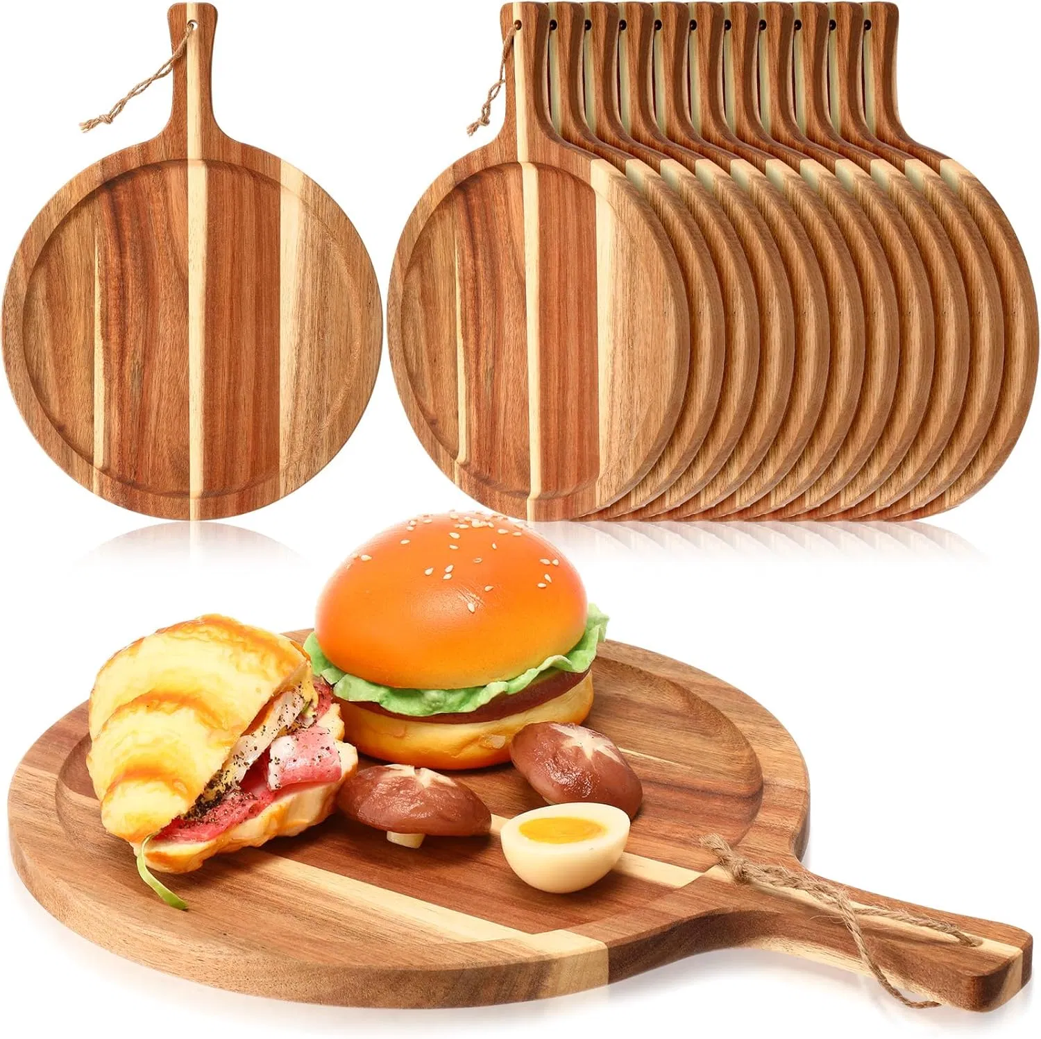 Round Wood Acacia Chopping Boards Cutting Board Serving Tray with Handle for Pizza Bread Cheese Fruit Vegetable