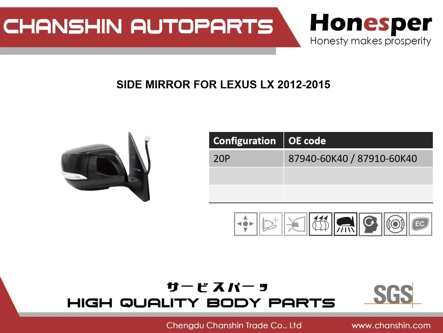 Боковое зеркало для Toyota Lexus LX 2012-2015, артикулы 87940-60K40, 87910-60K40