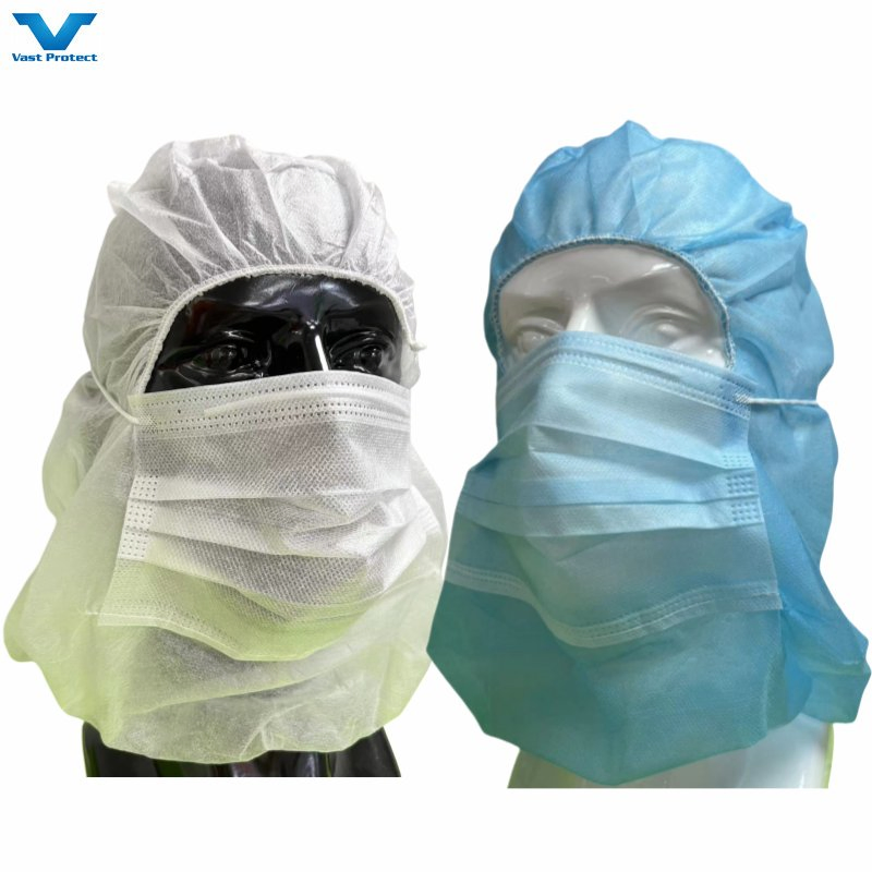 Food Processing Industry Workshop Factory Disposable Non-Woven PP Ninja Astronaut Space Balaclava Cover Head Hood with 2 Ply Face Mask and Elastic Bond