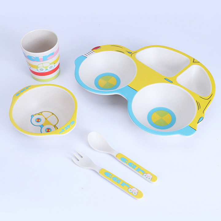 Car Shaped Bamboo Fiber Children 5 Pieces of Bowl Plate Tableware Set