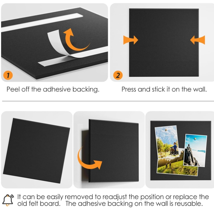 Black Color Large Cork Board Felt Board Tiles for Walls with 30 Push Pins, 11.8"X11.8" Pack of 6 Pin Board Notice Boards for Home Office