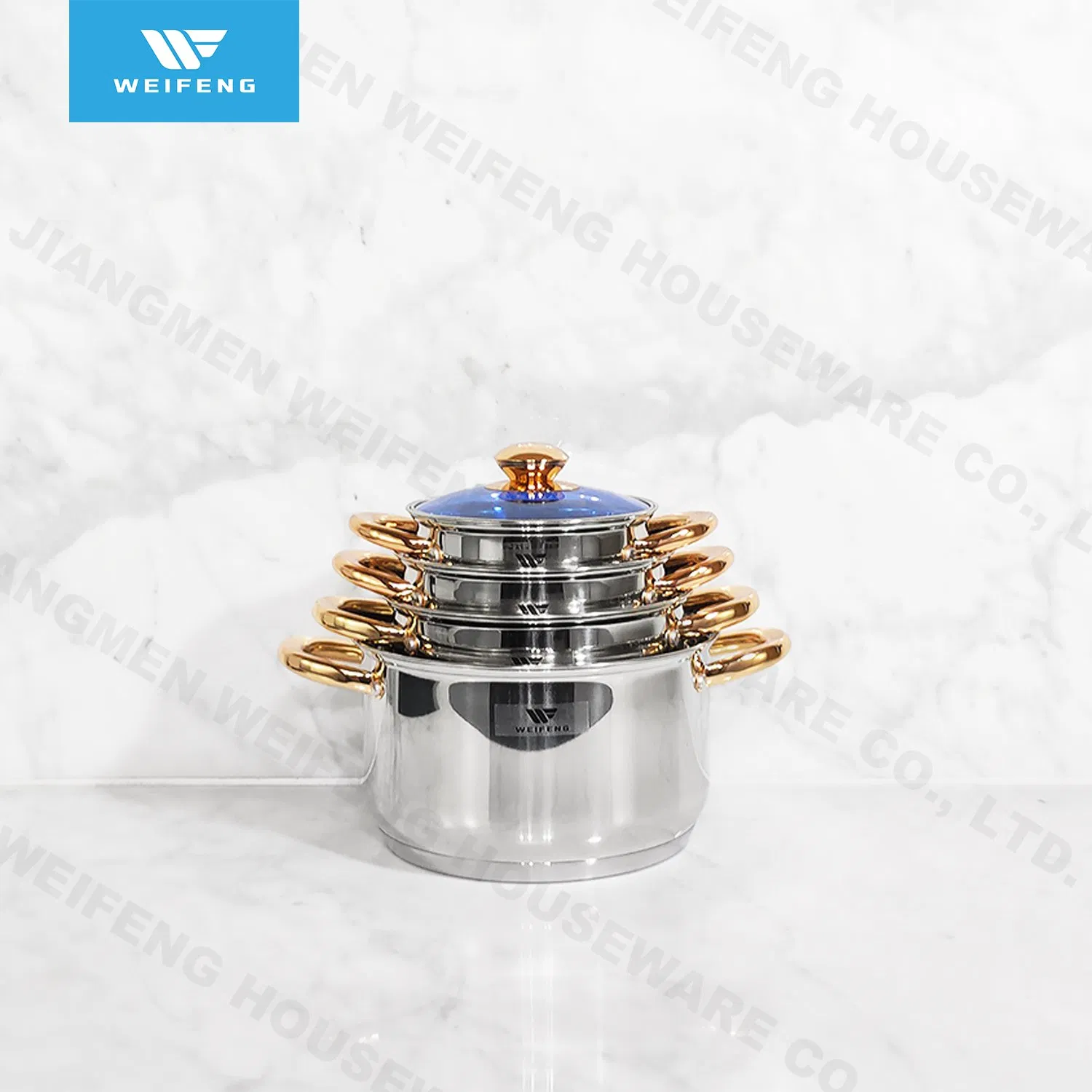 15PCS Stainless Steel Cookware Set with Golden-Plated Handle, Thermometer Knob