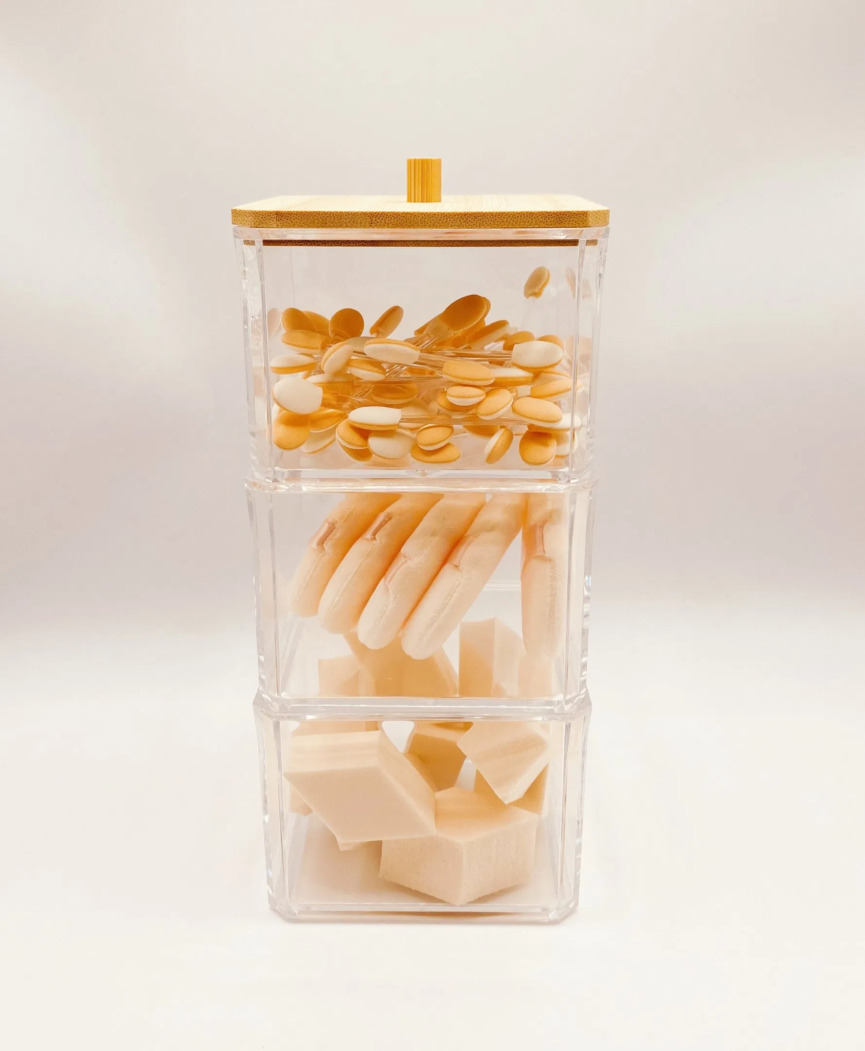 Cosmetic Powder Puffs Collection Storage Set 3 Stackable Box with Bamboo Lid