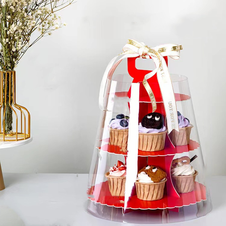 High Quality Round Paperboard 4 Layer Dessert Cake Cupcake Stand with Transparent and Paper Cover