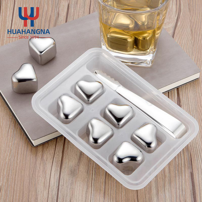 Reusable Heart Shaped Stainless Steel Ice Cube Whiskey Stones Set with Tongs