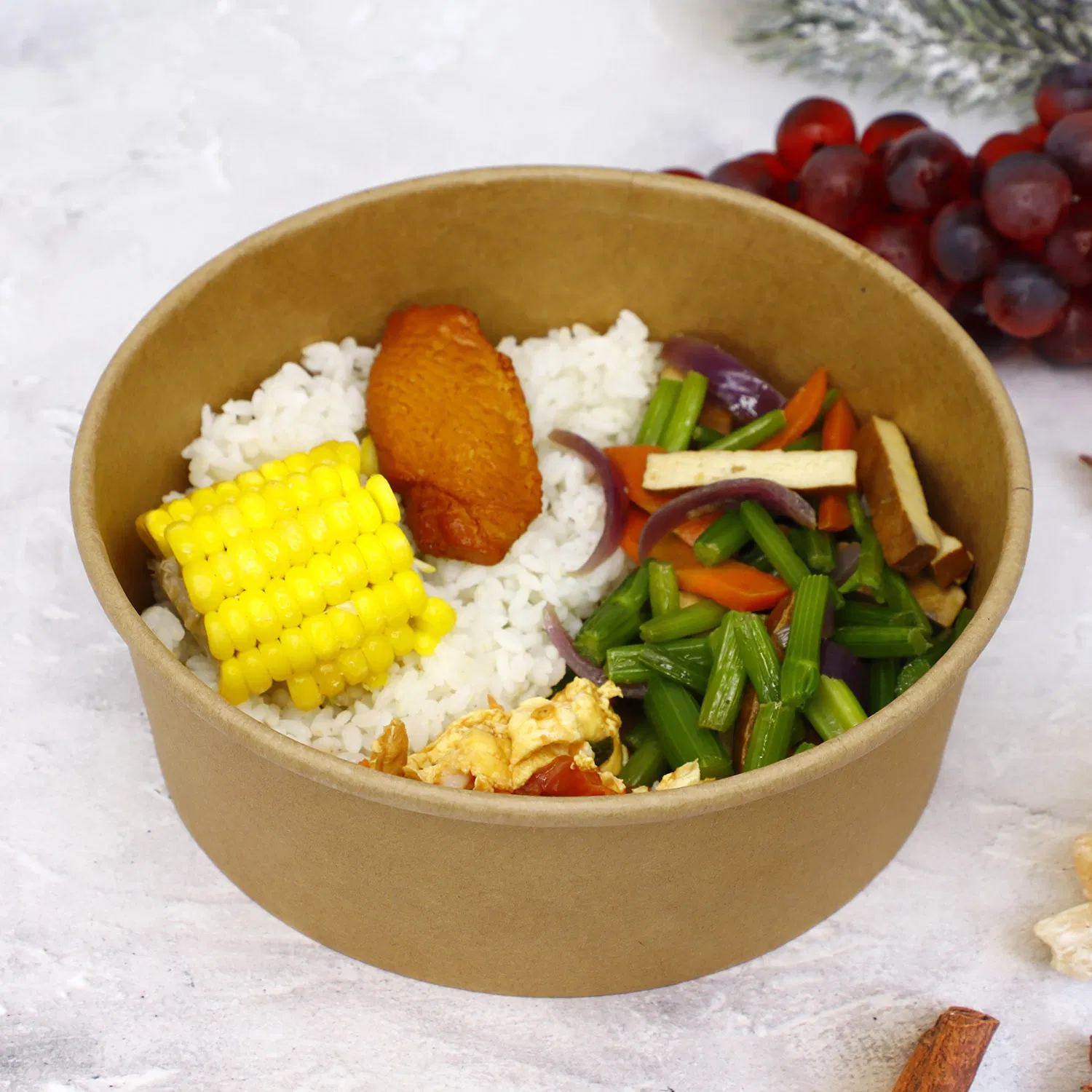 Disposable Food Container Brown Kraft Paper Soup Bowl with Lid