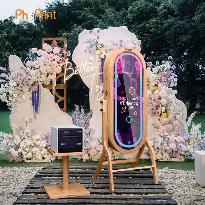 Instant Print Vintage Photo Booth Selfie Touch Screen Mirror Wooden Photo Booth with Camera