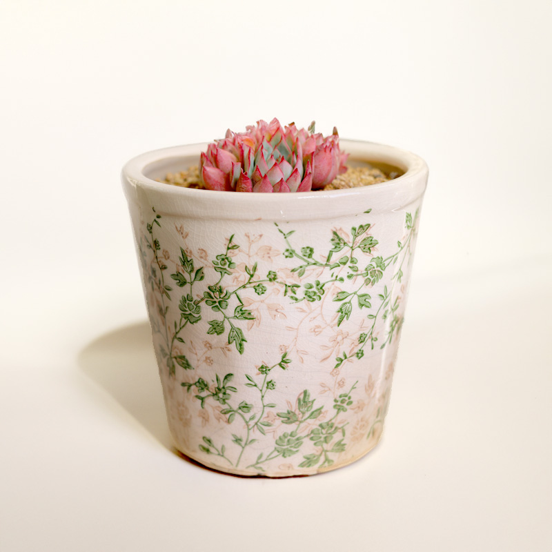 Горшки керамические винтажные цветочный узор зеленые