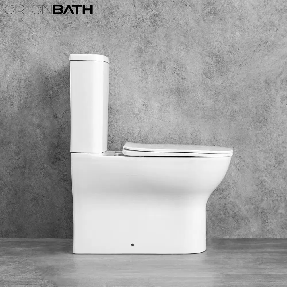 Ortonbath Rimless Fully Back to Wall Two Piece Ceramica Toilet Sanitary Ware Close Coupled Toilet Bowl Seat P Trap Toilet with Soft Close Seat