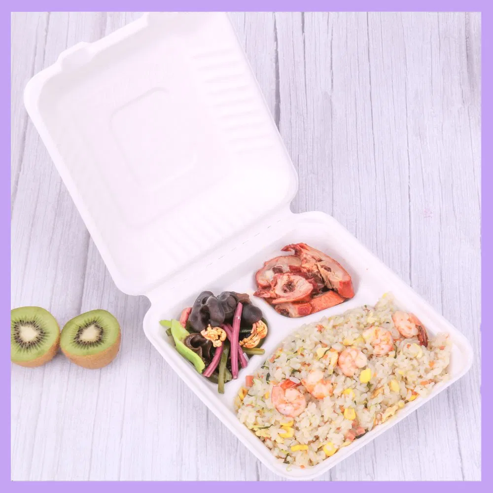 100% Compostable Takeaway Lunch Box Sugarcane Bagasse 3-Compartment Pulp Clamshell
