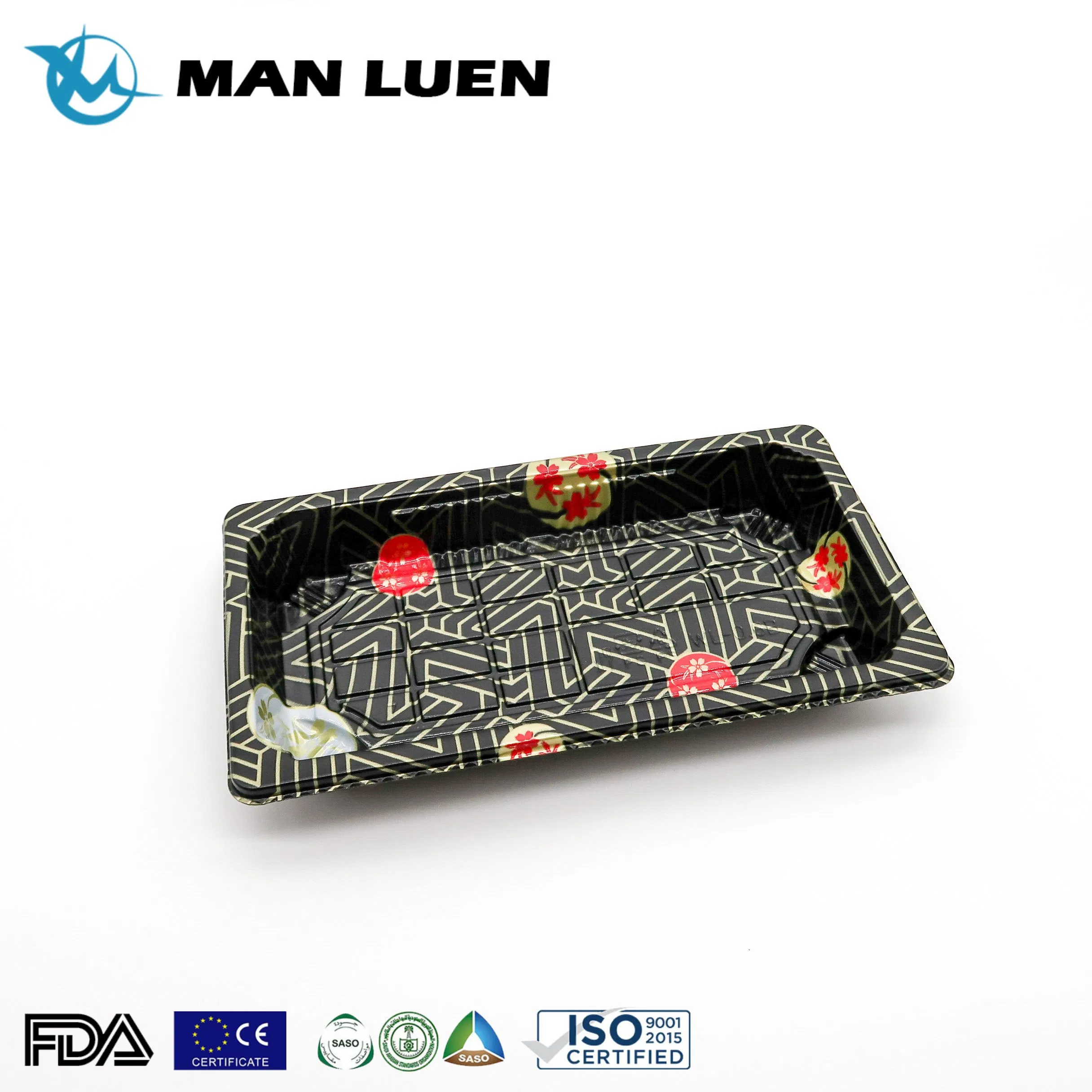 Disposable Japanese Plastic Take out Food Container to Go Small Rectangle Black Sakura Print Sushi Packaging Box