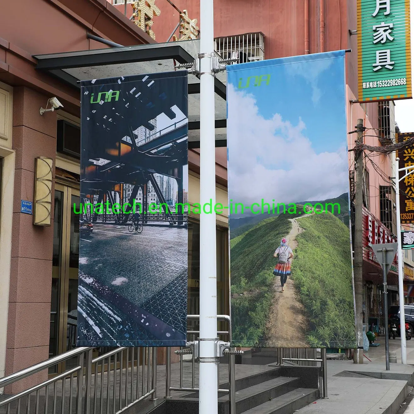 Lamp Pole Ad Outdoor Banner Campaign Spring Loaded Aluminium Mounting Support