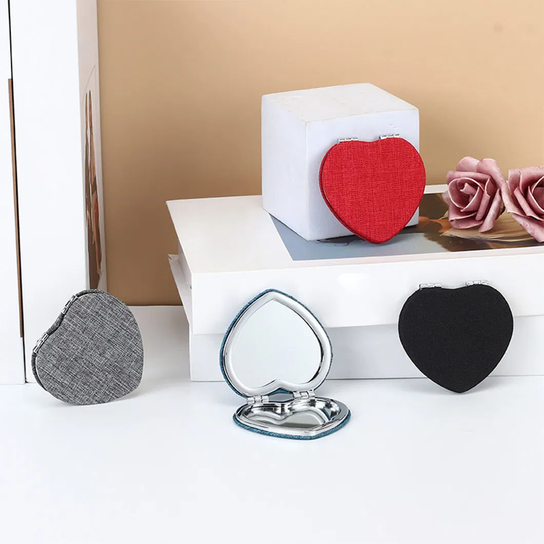 Selling New Wholesale PU Material Heart-Shaped Folding Double-Sided Mirror Clear and Easy to Carry Makeup Mirror